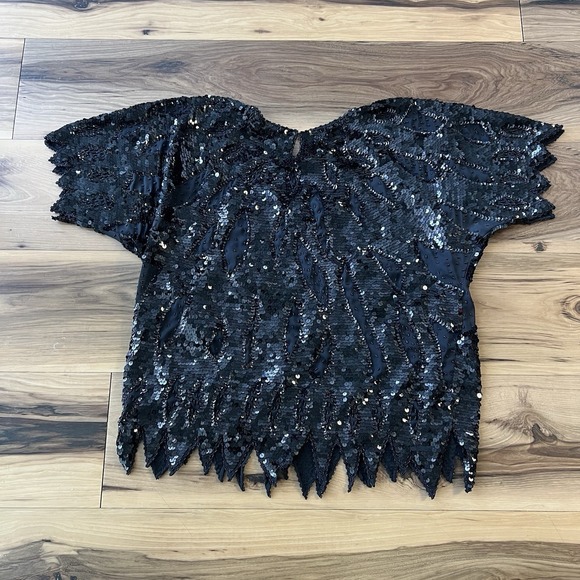 Vtg Henbo Witchy Going Out Asymmetric Women's Black Sequin Beaded Blouse Sz L - Picture 5 of 9